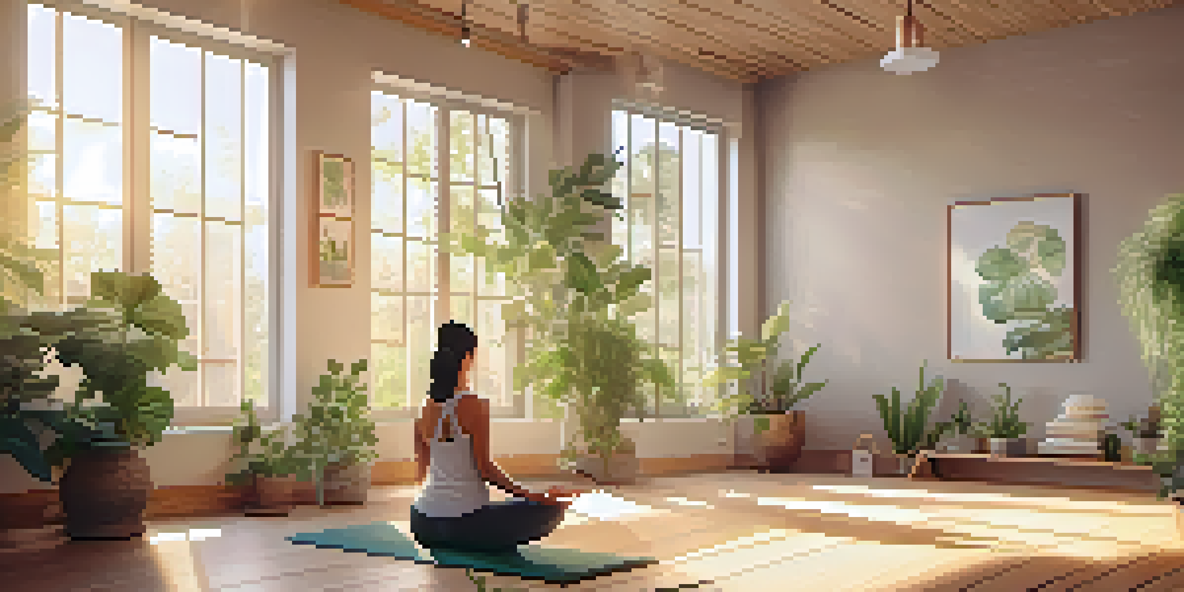 A peaceful yoga studio with sunlight, wooden floors, and a person practicing yoga surrounded by plants.