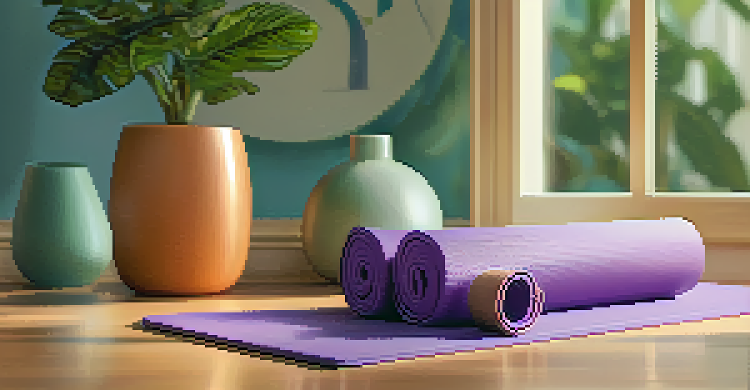 A close-up of a vibrant yoga mat with props like blocks and straps, set in a tranquil yoga environment.