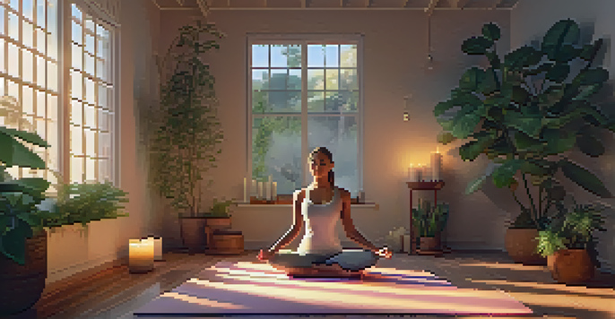 A tranquil yoga studio with a person lying on a mat, surrounded by plants and candles, illuminated by soft light.