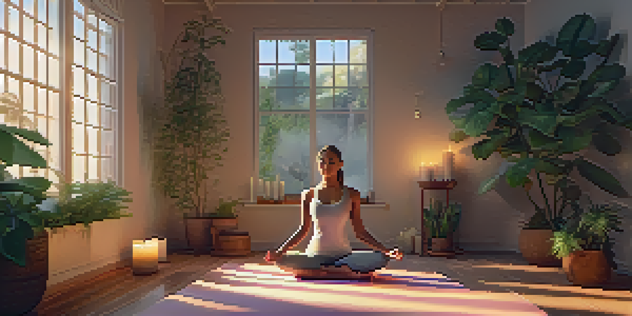 A tranquil yoga studio with a person lying on a mat, surrounded by plants and candles, illuminated by soft light.