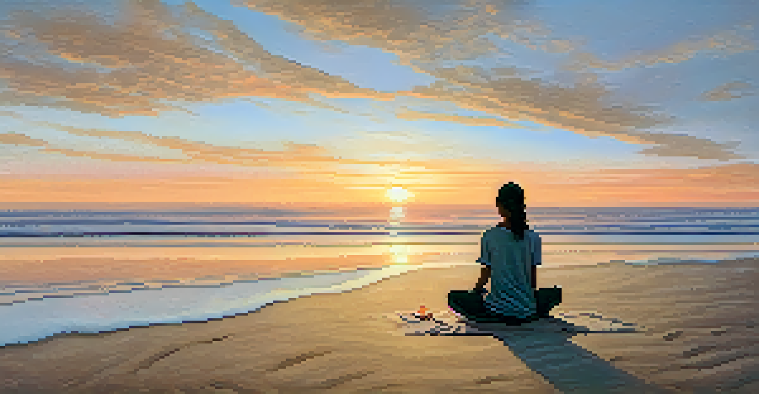 A person meditating on a beach at sunset with candles around them.