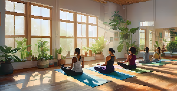 A group of people practicing yoga in a bright and peaceful studio filled with plants and natural light.