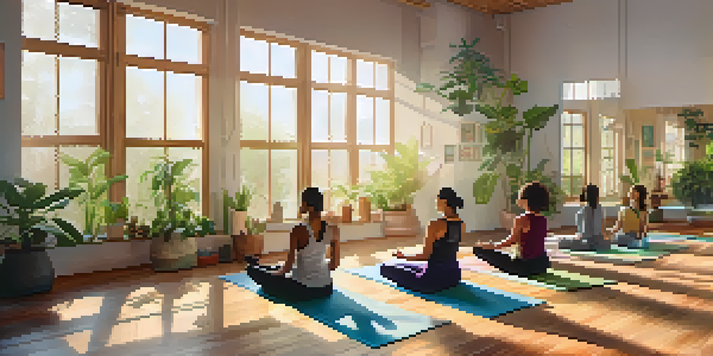 A group of people practicing yoga in a bright and peaceful studio filled with plants and natural light.