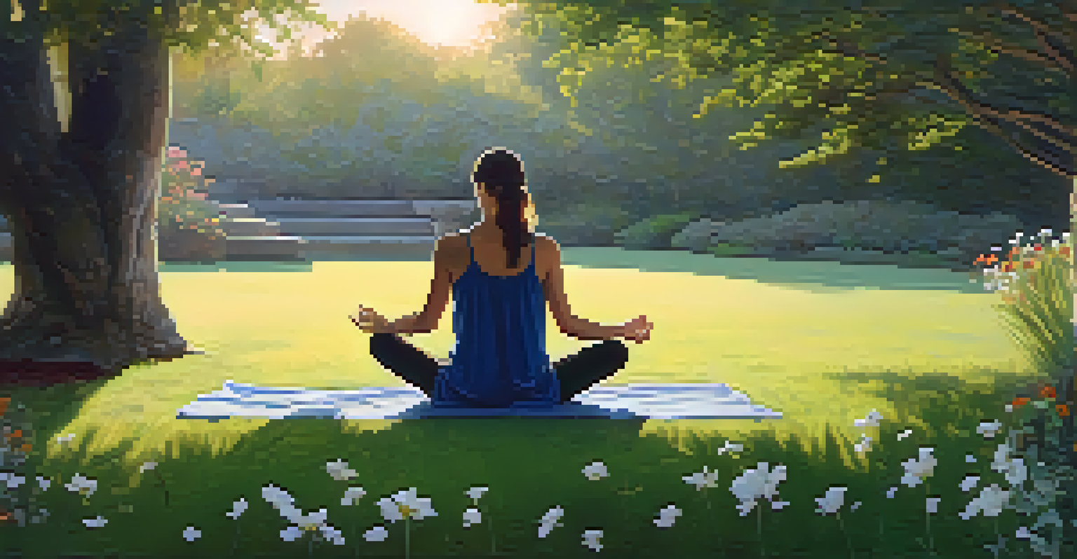 A person sitting cross-legged on grass practicing the 4-7-8 breathing technique in a garden during sunset, surrounded by blooming flowers.