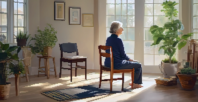 An elderly person doing neck stretches in a cozy room, surrounded by plants and natural light.