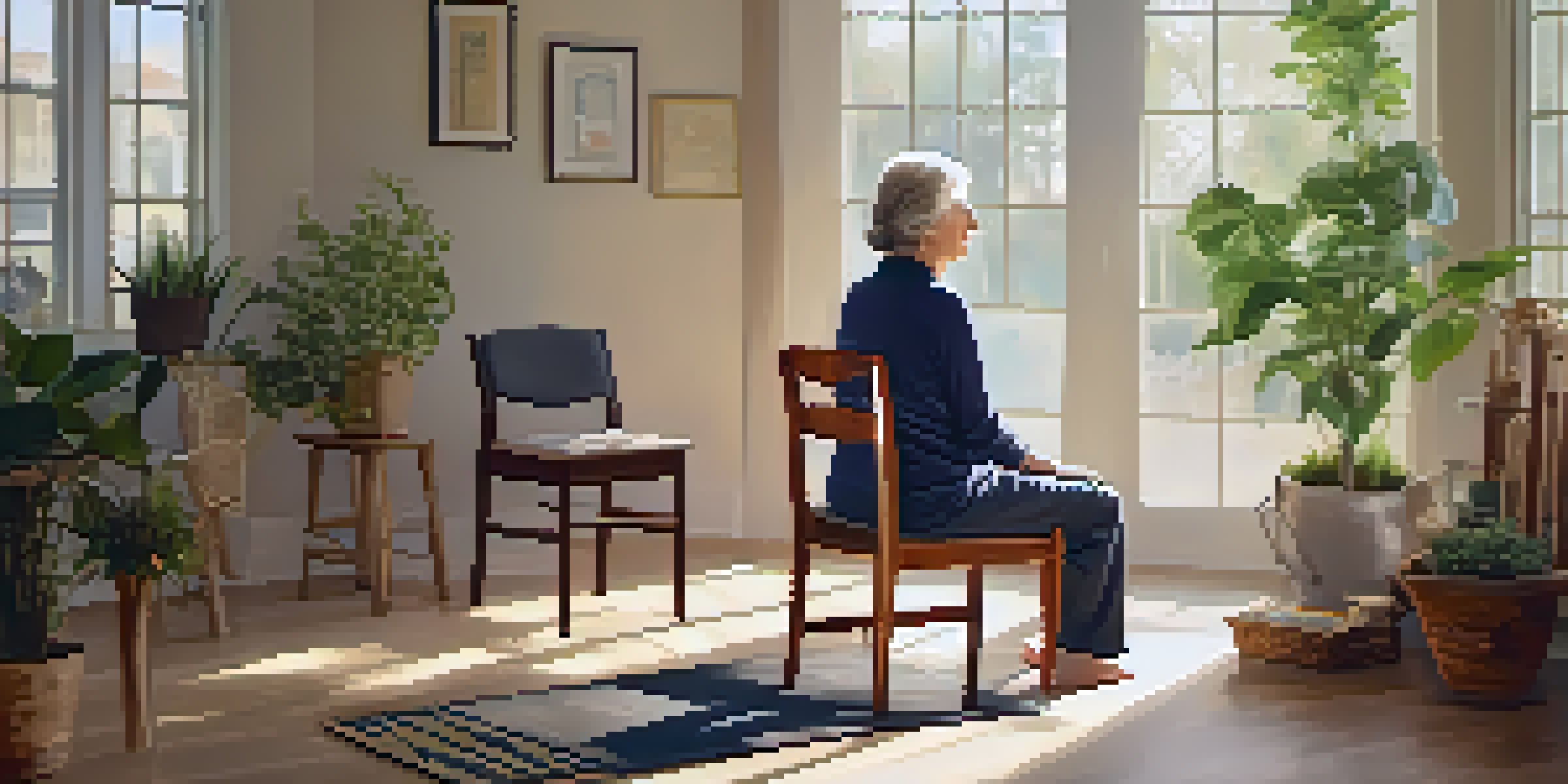 An elderly person doing neck stretches in a cozy room, surrounded by plants and natural light.