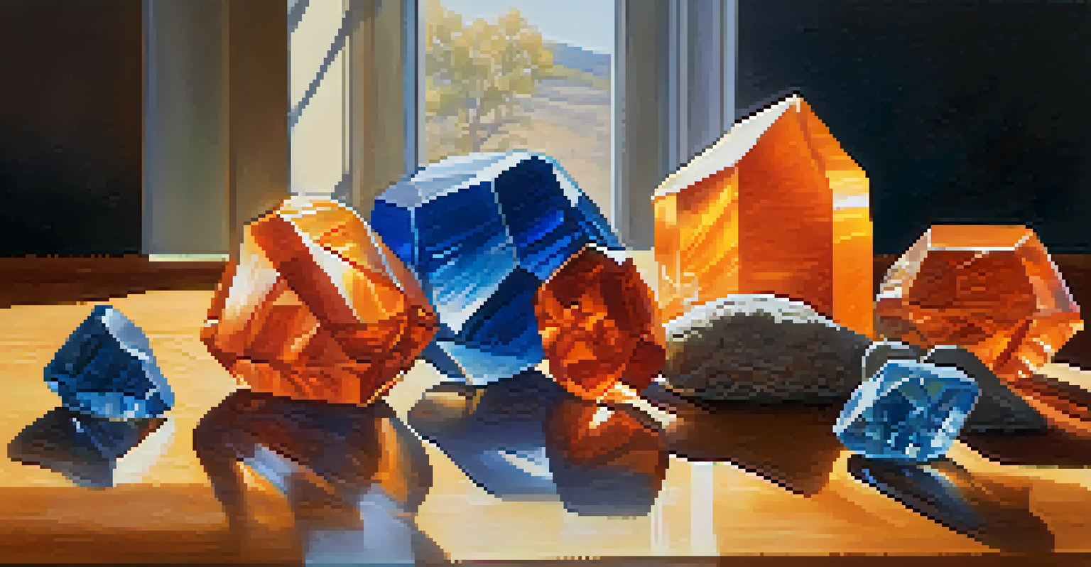 A collection of colorful crystals on a wooden table, including orange carnelian and blue lapis lazuli, illuminated by sunlight, representing chakra balance and creativity.