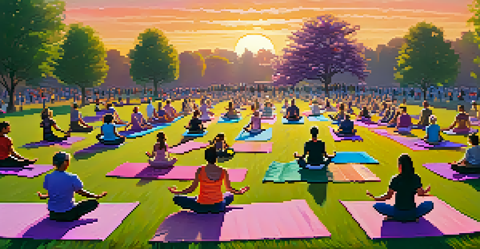 A community yoga class in a park at sunset, with participants in various poses on colorful mats.