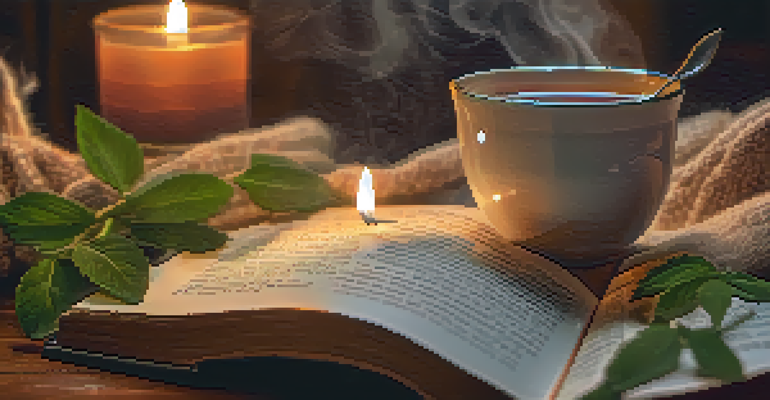 A close-up of a hand holding a steaming cup of herbal tea in a cozy room, with a book and a candle blurred in the background.