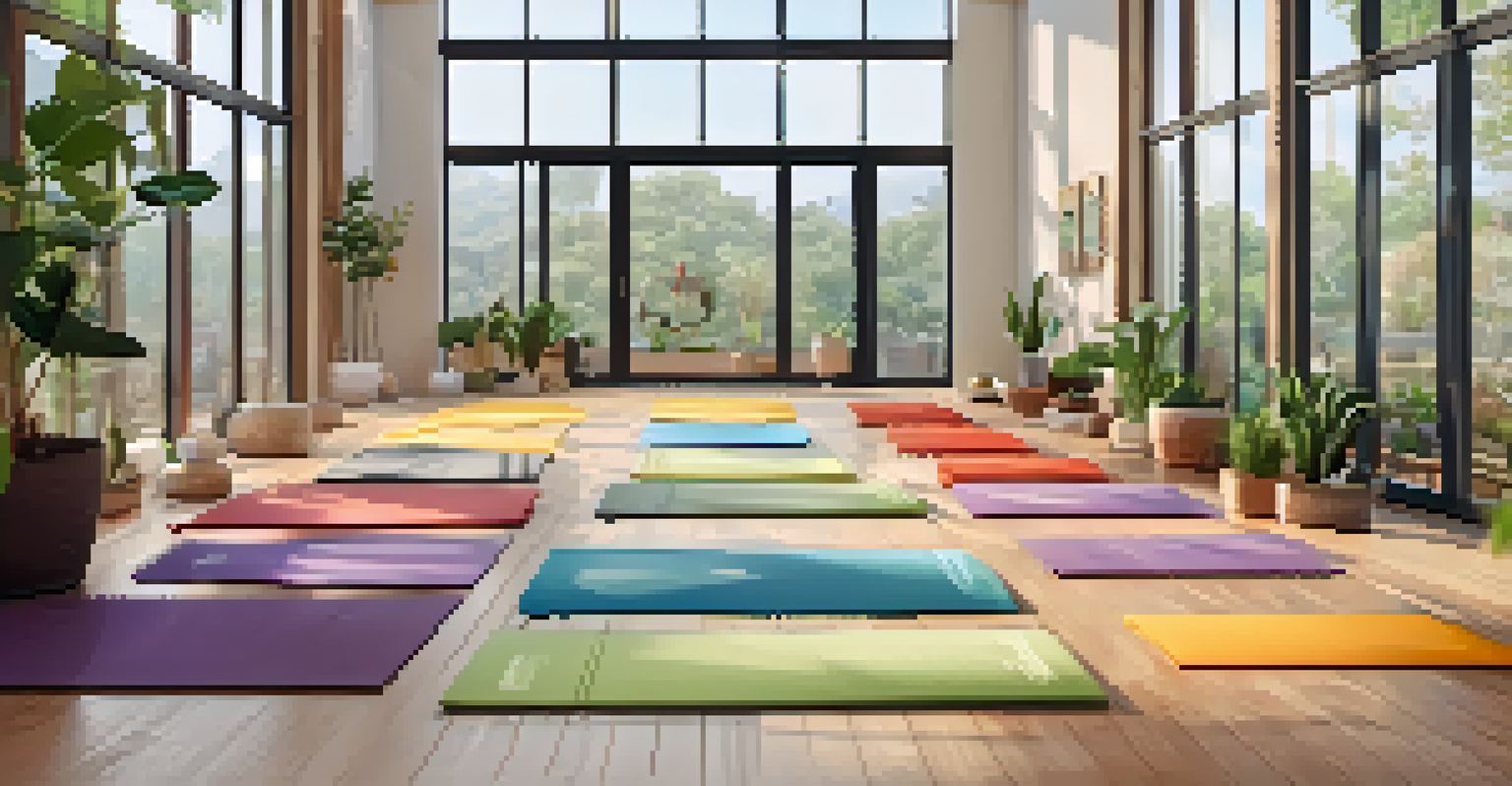 Inside a bright yoga studio with wooden floors and large windows, diverse individuals practicing yoga poses together amidst plants and calming decor.