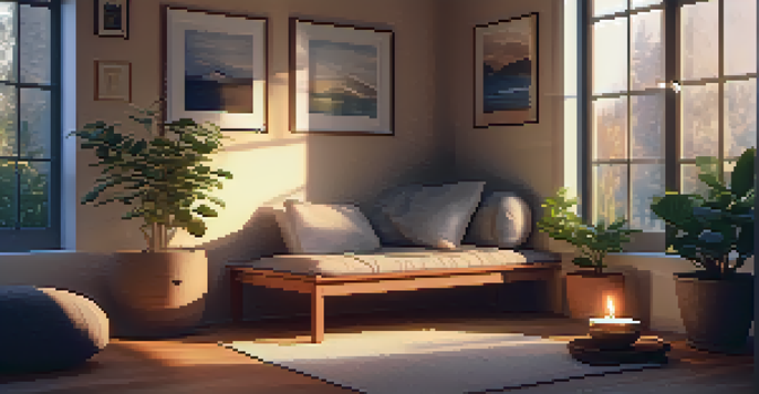 A cozy indoor meditation space with a cushion, candle, and plant, perfect for a digital detox.