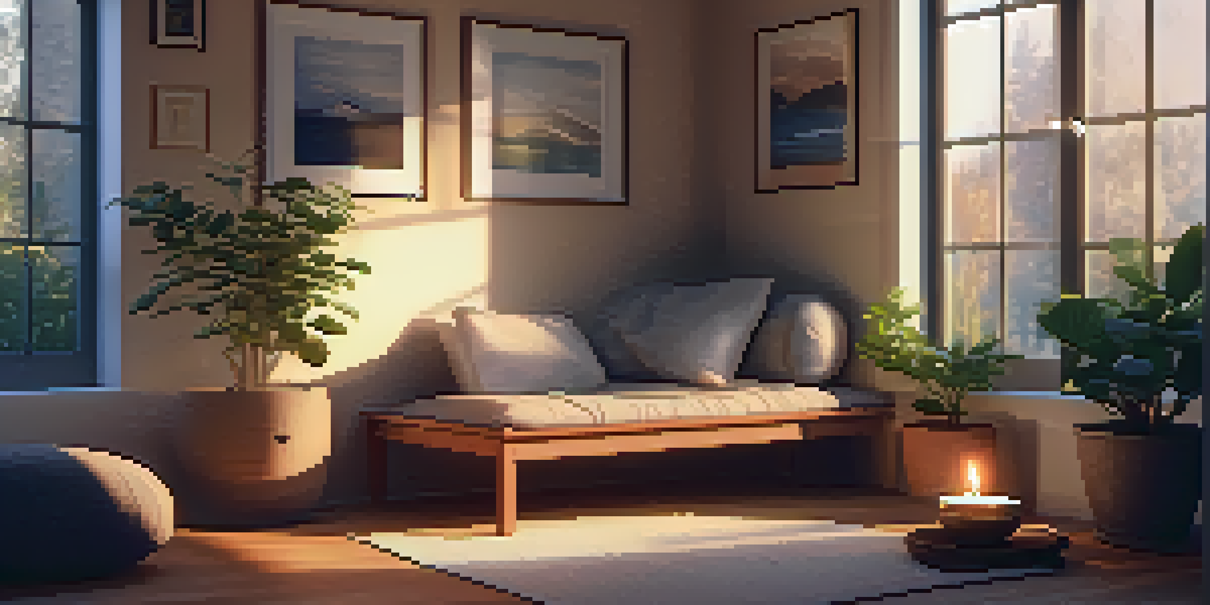 A cozy indoor meditation space with a cushion, candle, and plant, perfect for a digital detox.