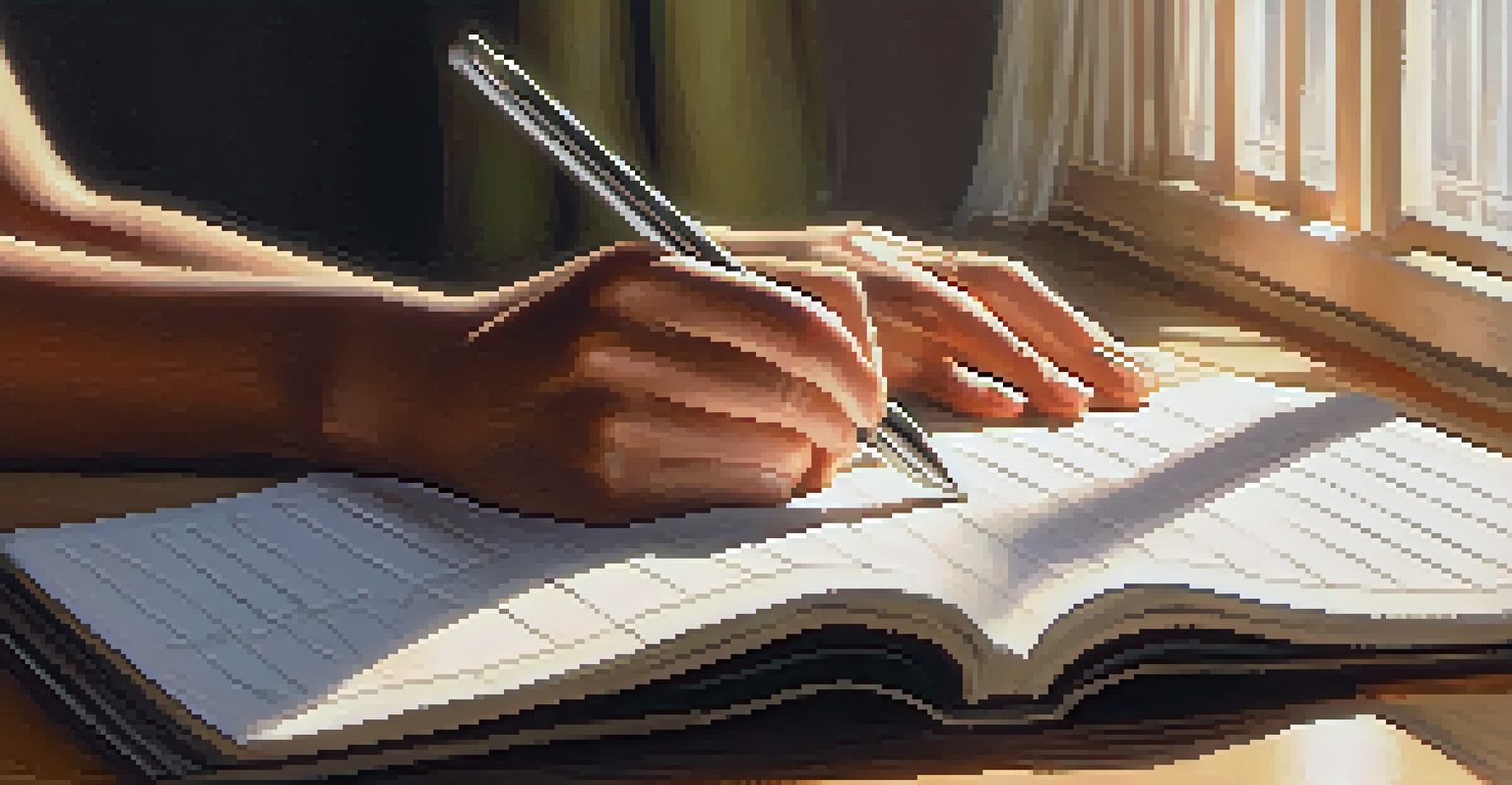 A close-up of hands writing in a journal with a candle and tea nearby, capturing a peaceful atmosphere.