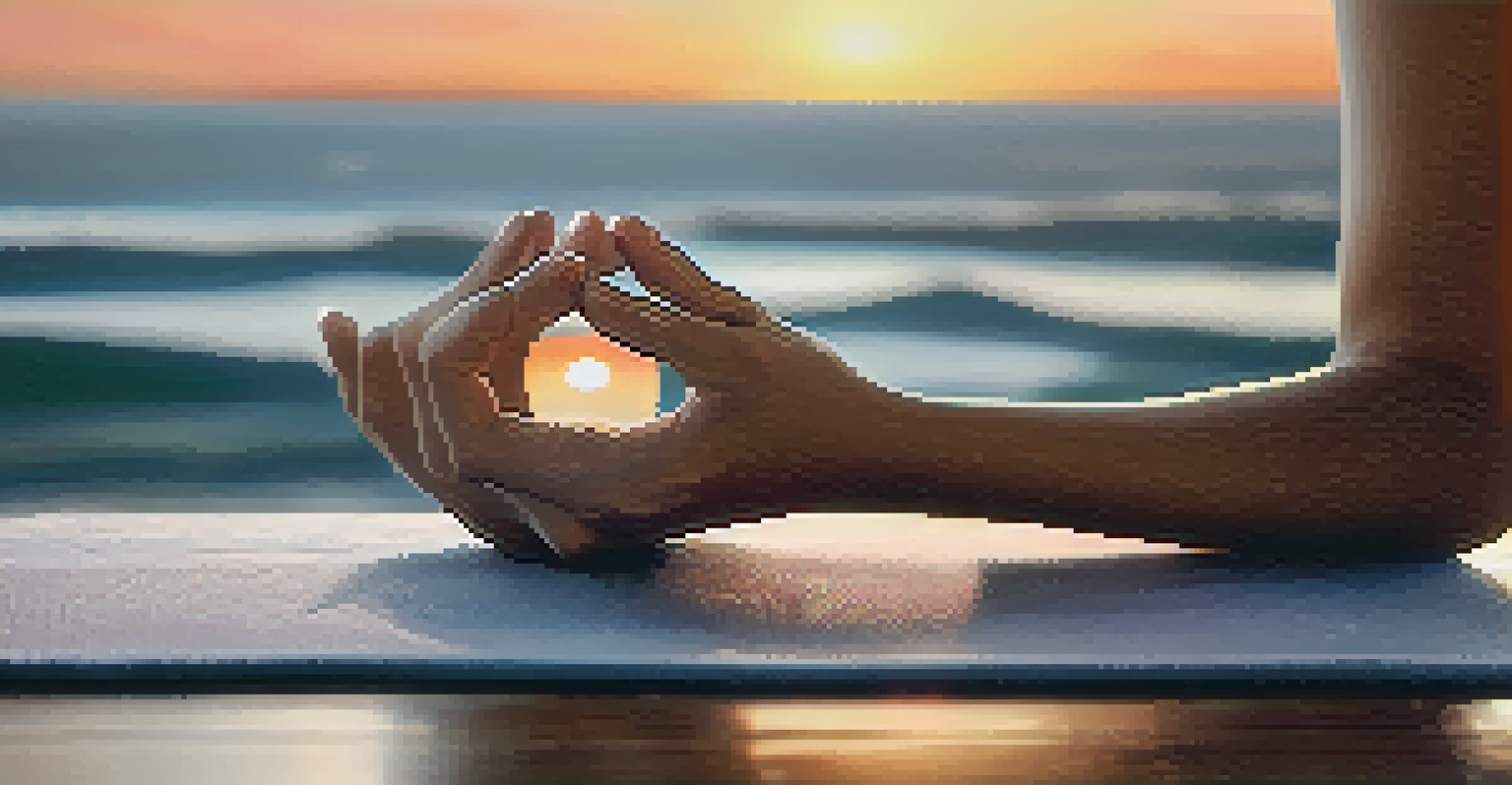 Hands in a meditative gesture on a yoga mat with a calming ocean and sunset in the background.