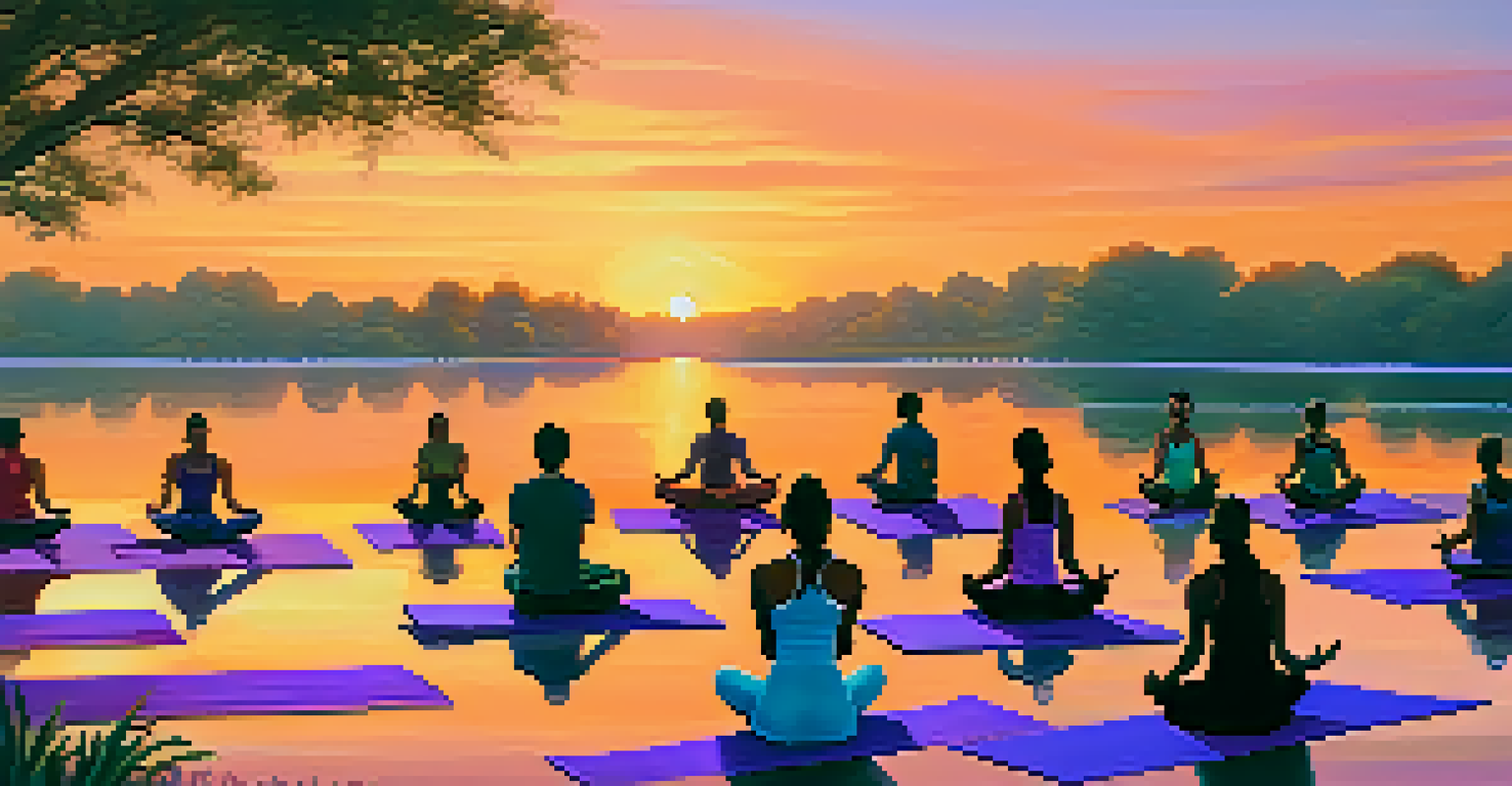 Practitioners of Yin yoga at sunset by a calm lake, with colorful mats and a vibrant sky.