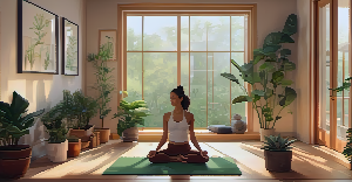 A peaceful yoga studio with a person in Child's Pose, surrounded by plants and candles in soft lighting.