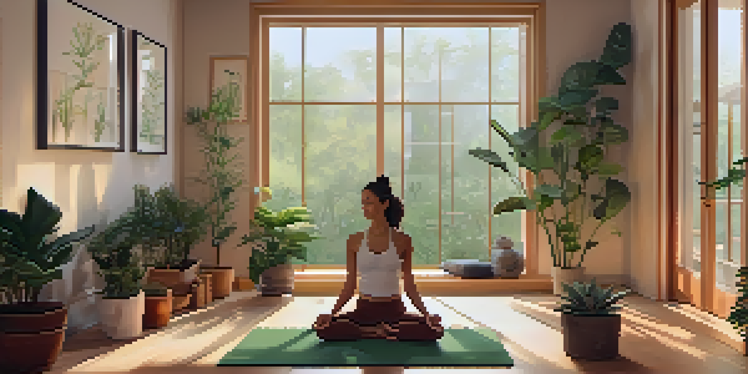 A peaceful yoga studio with a person in Child's Pose, surrounded by plants and candles in soft lighting.