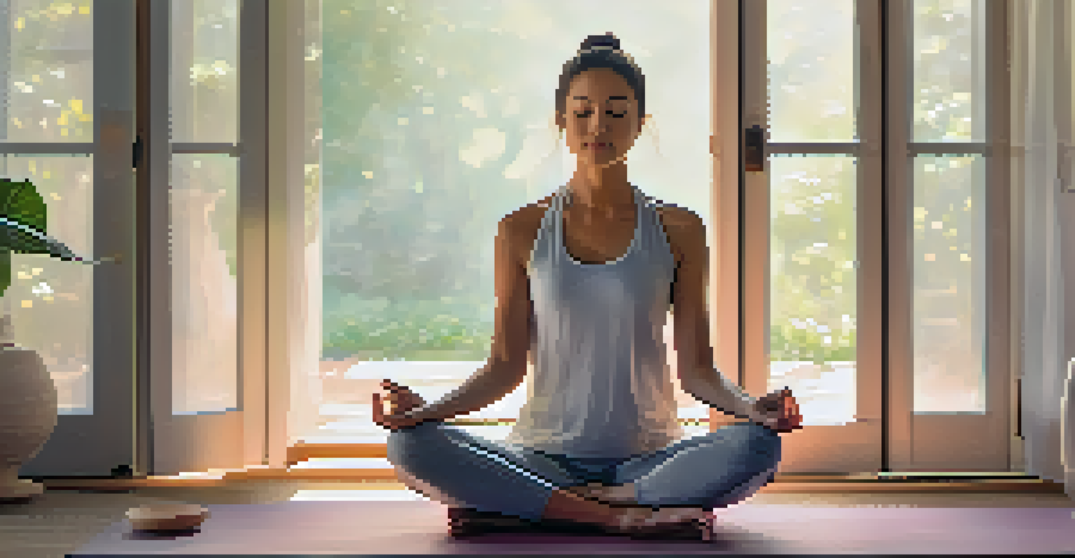 A close-up of a person meditating cross-legged on a yoga mat, surrounded by soft lighting and a calming atmosphere.
