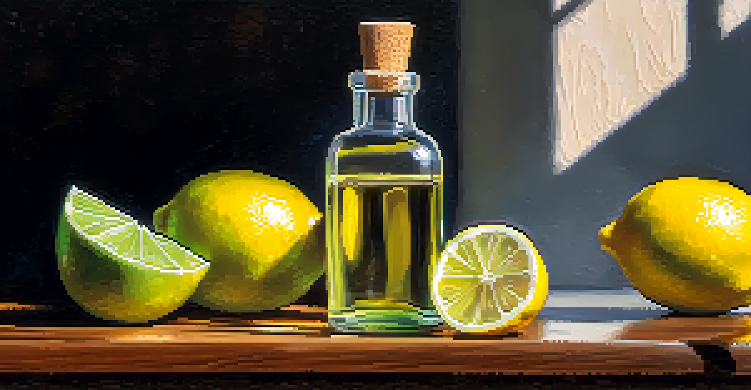 A hand holding a bottle of lemon essential oil with fresh lemons and lime slices in the background, illuminated by sunlight.