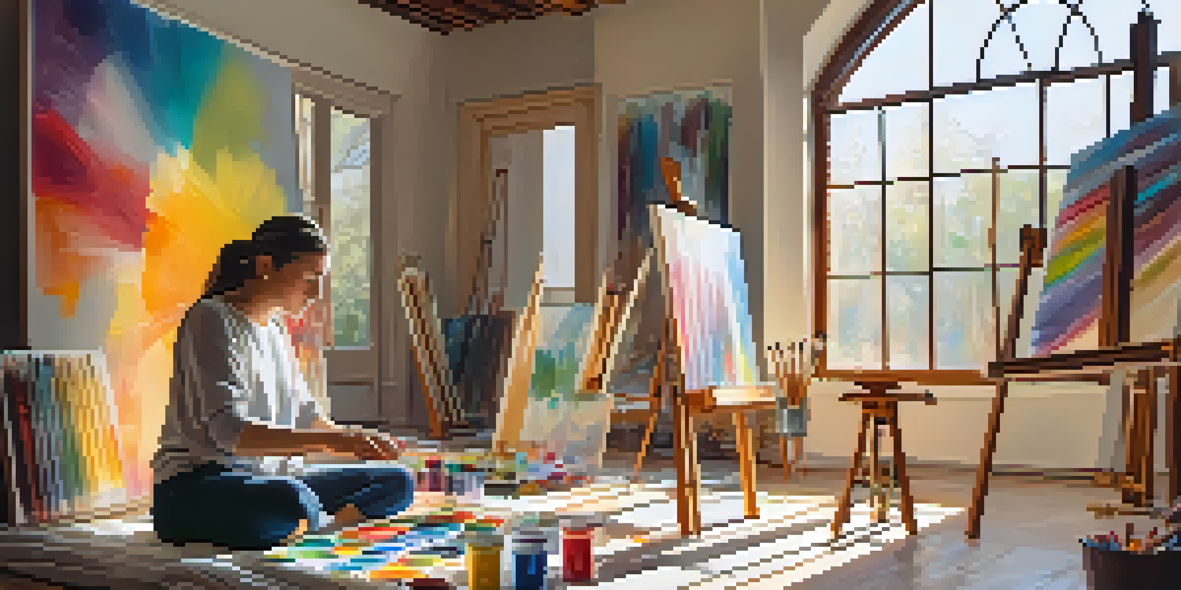 An artist practicing mindfulness in a bright art studio, painting on a canvas with vibrant colors and natural light streaming in.