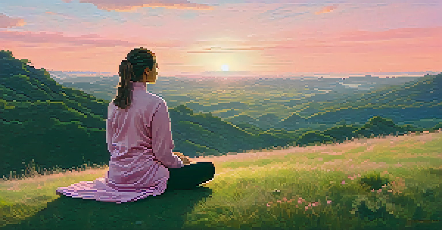 A person meditating on a grassy hilltop at sunrise, with a colorful sky in the background.