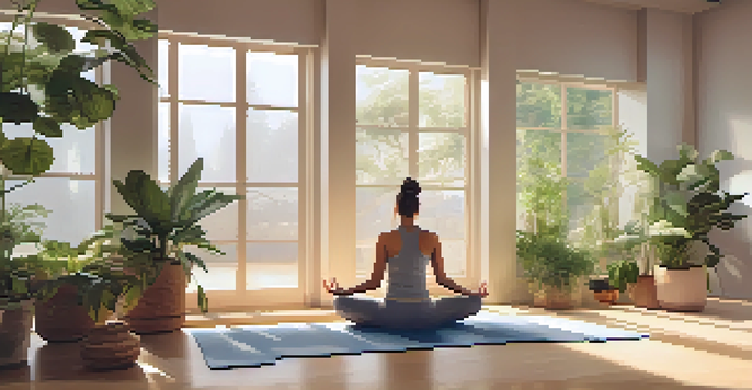 A person practicing yoga in a sunlit studio filled with plants and soft furnishings, creating a peaceful and calming environment.