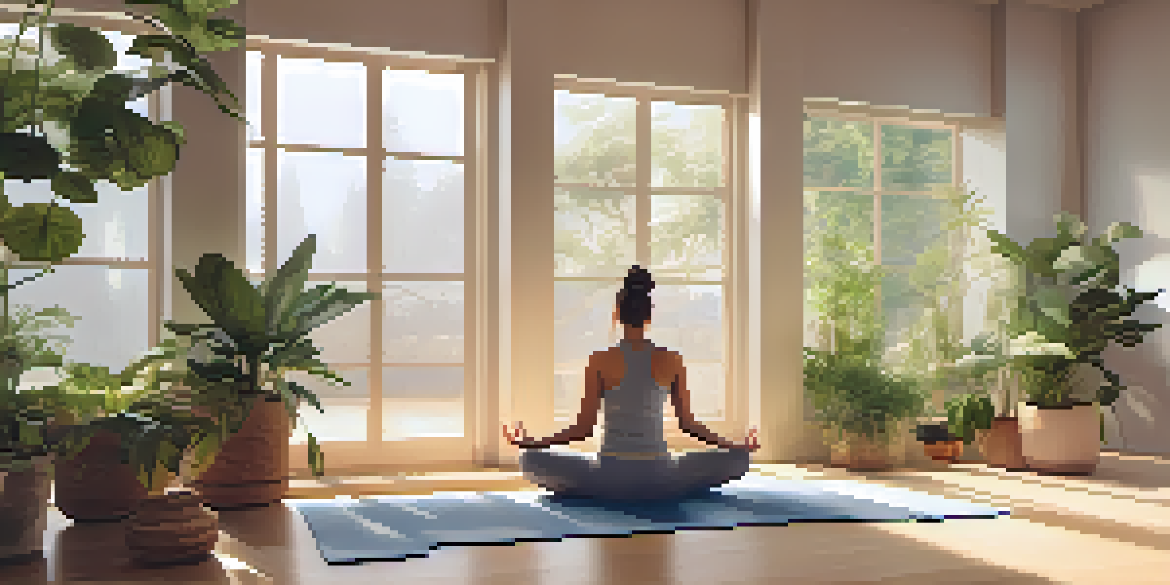 A person practicing yoga in a sunlit studio filled with plants and soft furnishings, creating a peaceful and calming environment.