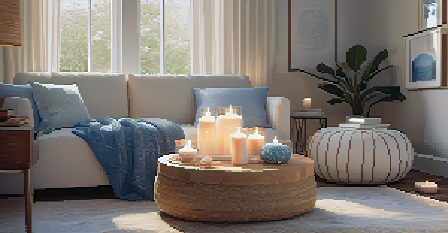 A cozy meditation corner in a home with a cushion, candles, and crystals, illuminated by warm ambient light.