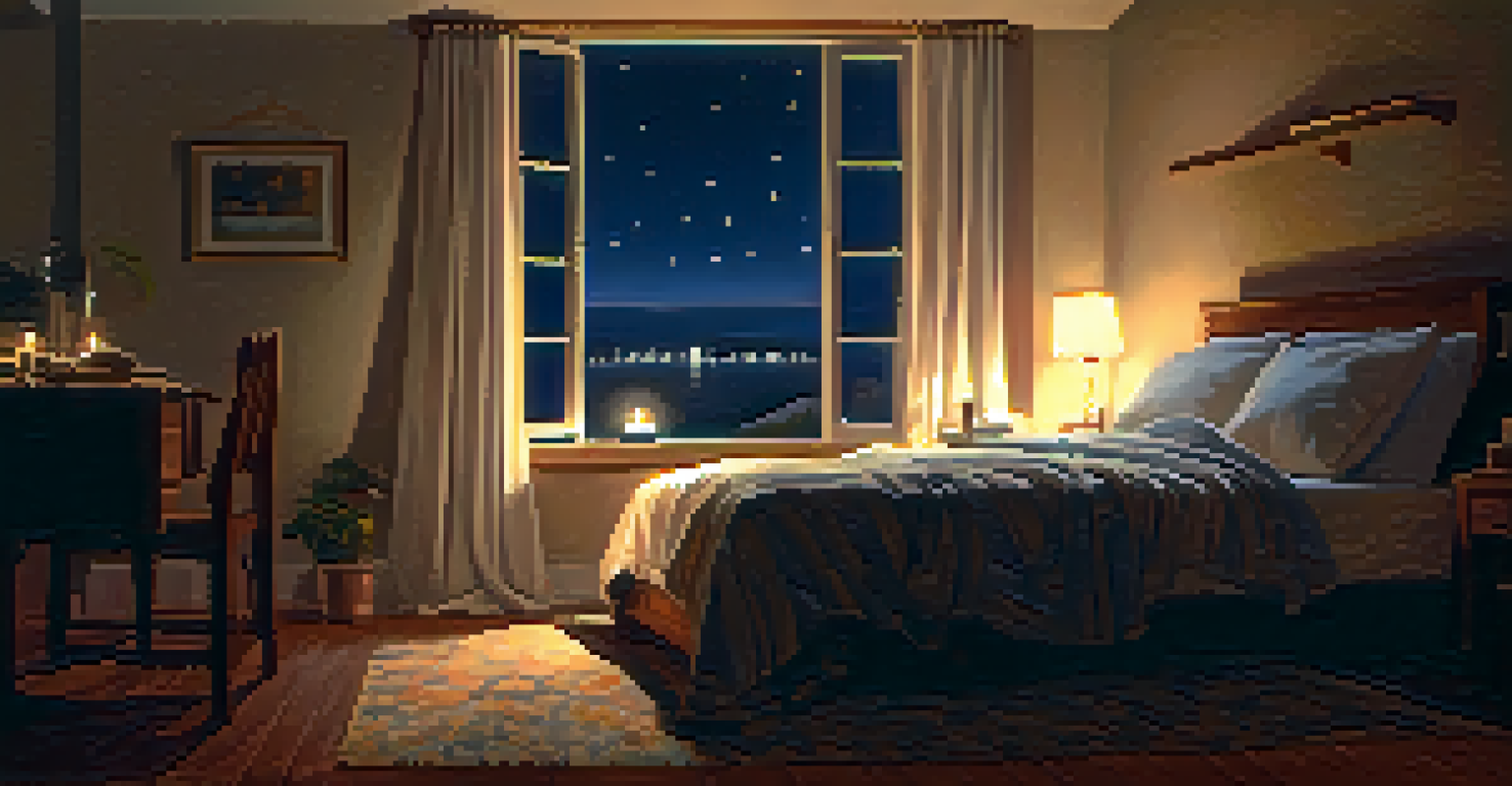 A person practicing shitali breathing in a softly lit bedroom at night, preparing for restful sleep.