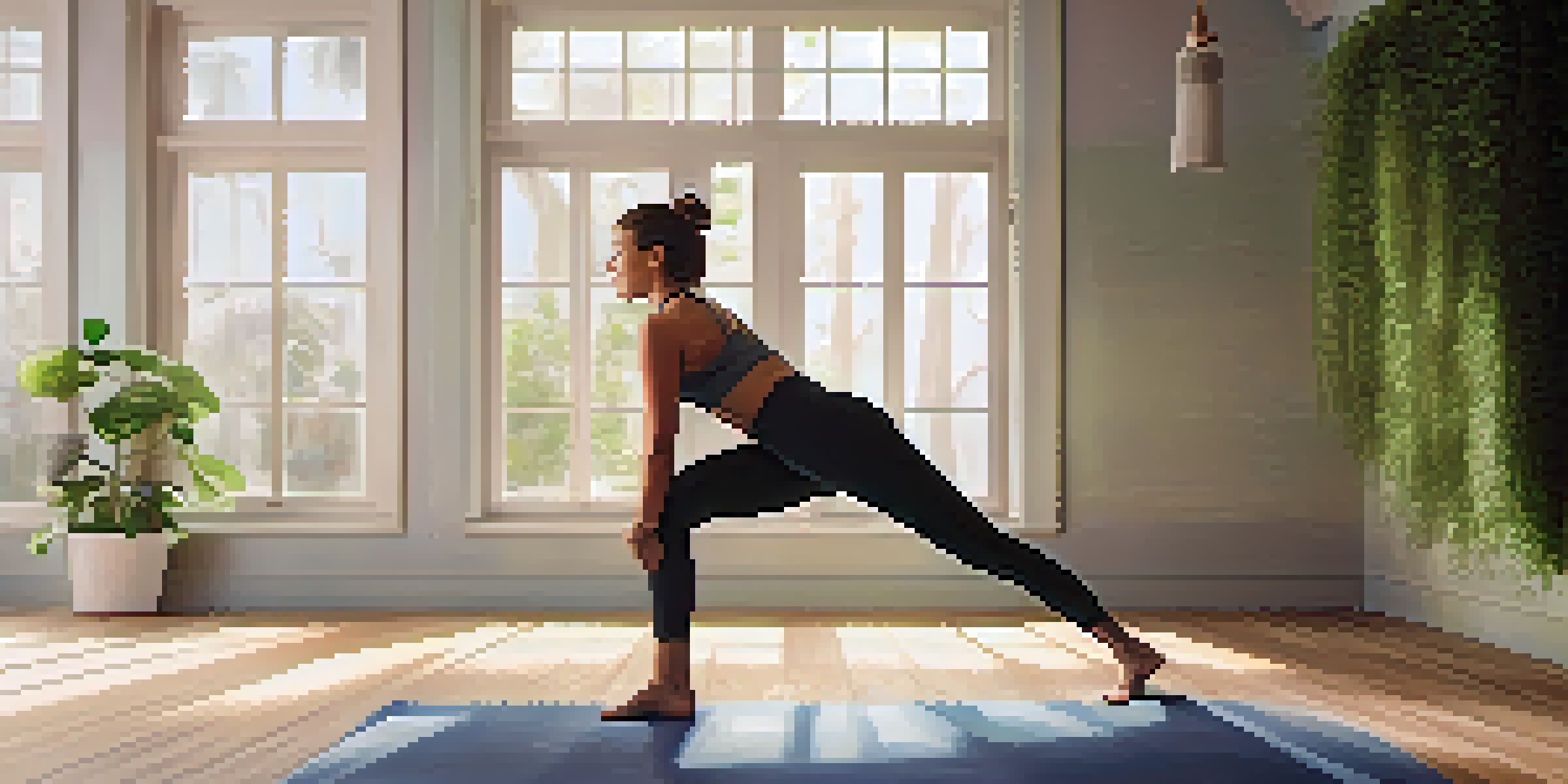 A person performing a deep lunge in a peaceful yoga studio with soft morning light and plants in the background.
