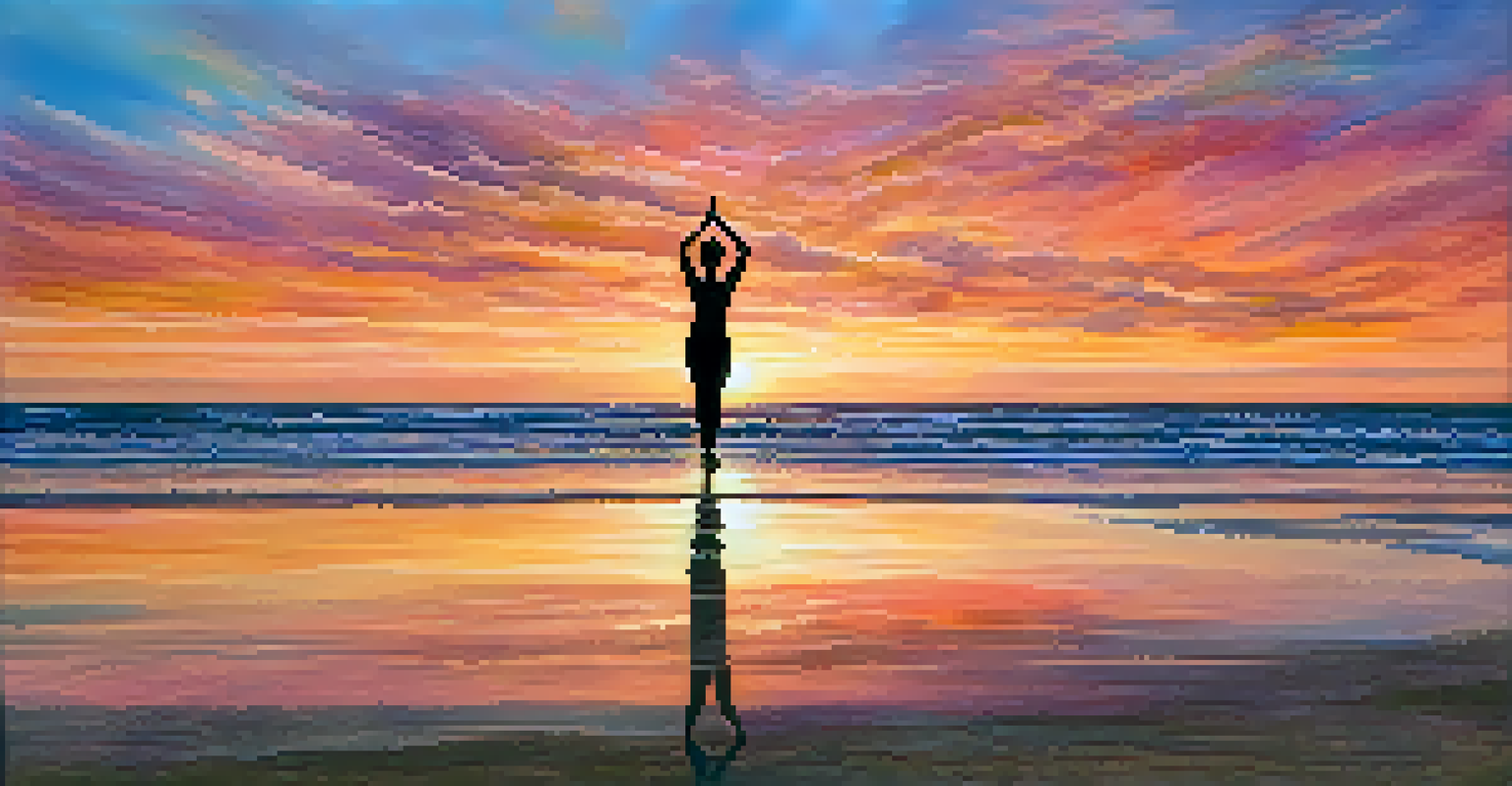 An individual practicing yoga on a beach at sunset, silhouetted against a vibrant sky with gentle waves in the foreground.