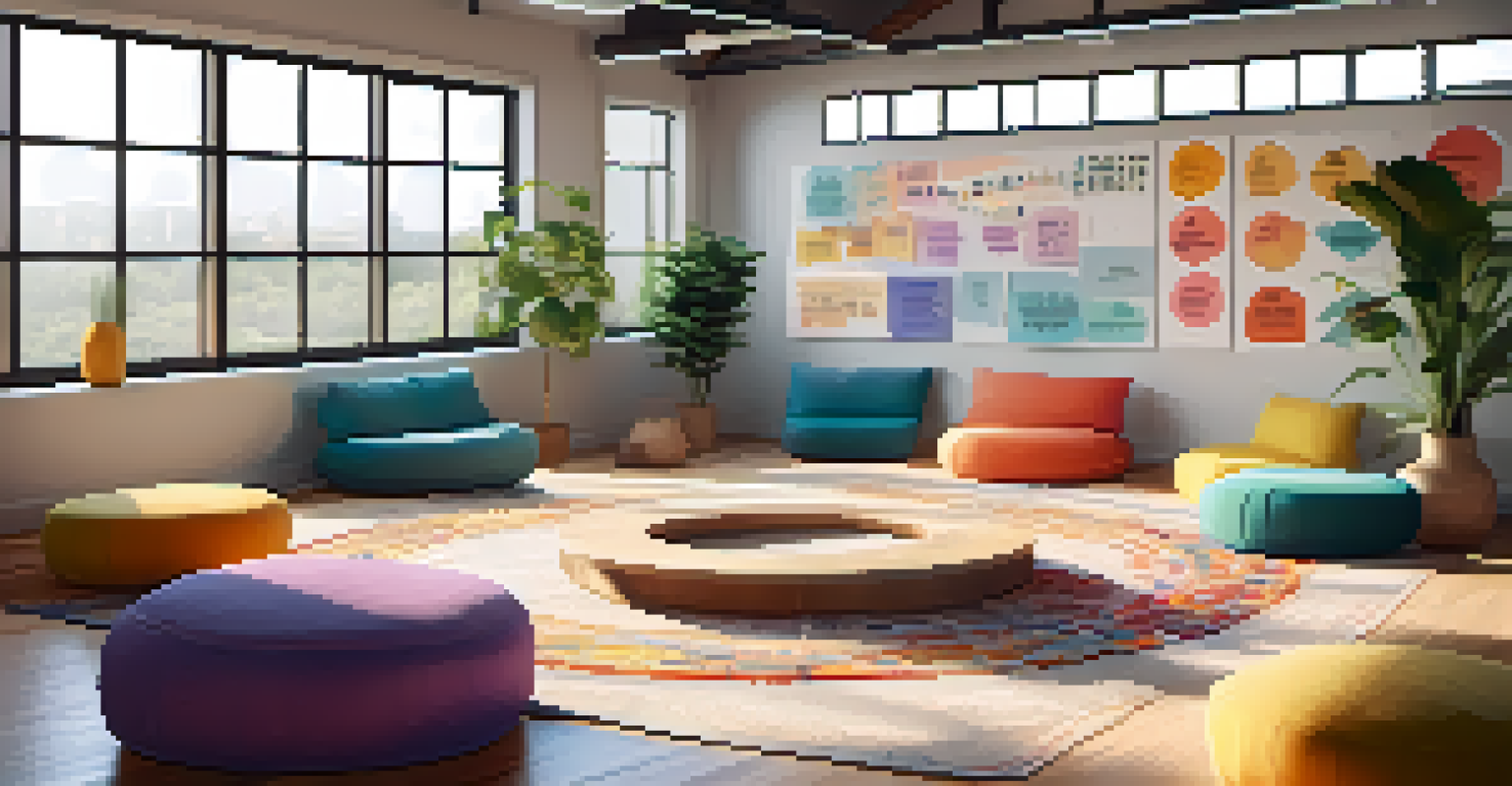 A cozy community space prepared for a workshop, featuring a circle of cushions and a flip chart in a well-lit environment.