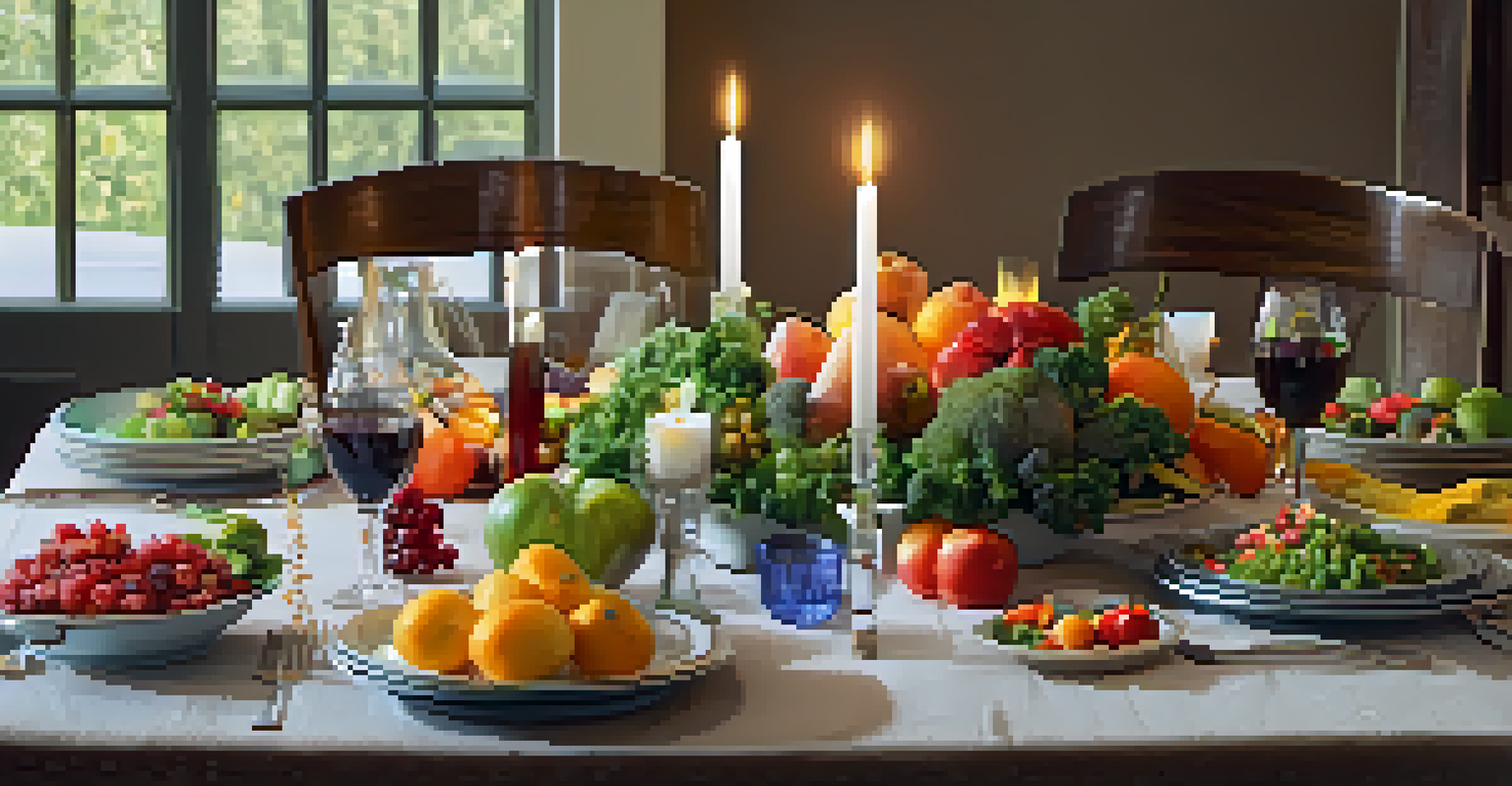 A dining table filled with colorful healthy foods, flowers, and candles in a cozy setting.