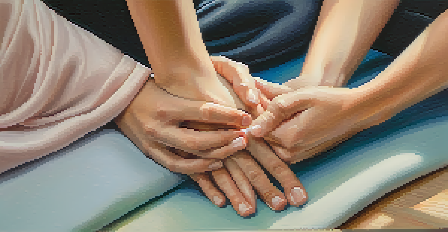 Close-up of two hands intertwined in a yoga pose, symbolizing intimacy and connection.