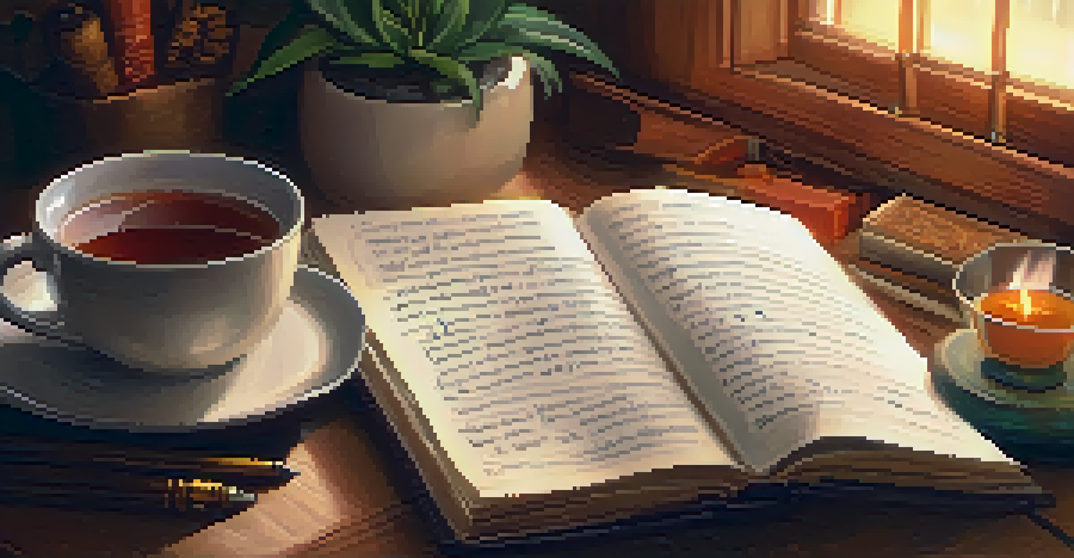 A close-up of a hand writing intentions in a journal next to a cup of tea, set in a cozy and warm room.