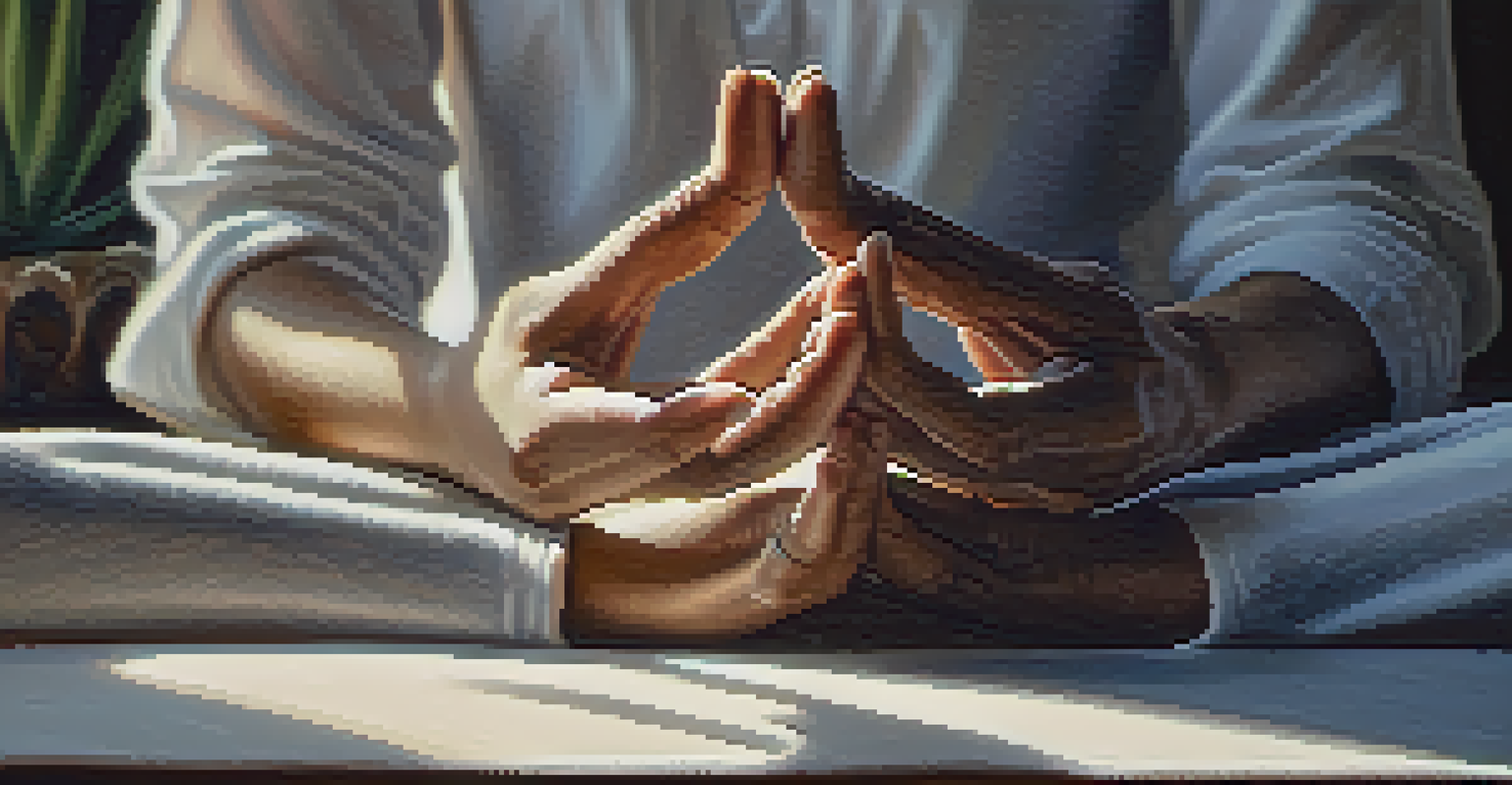 Close-up of hands in a mudra gesture on a yoga mat, illuminated by soft natural light.