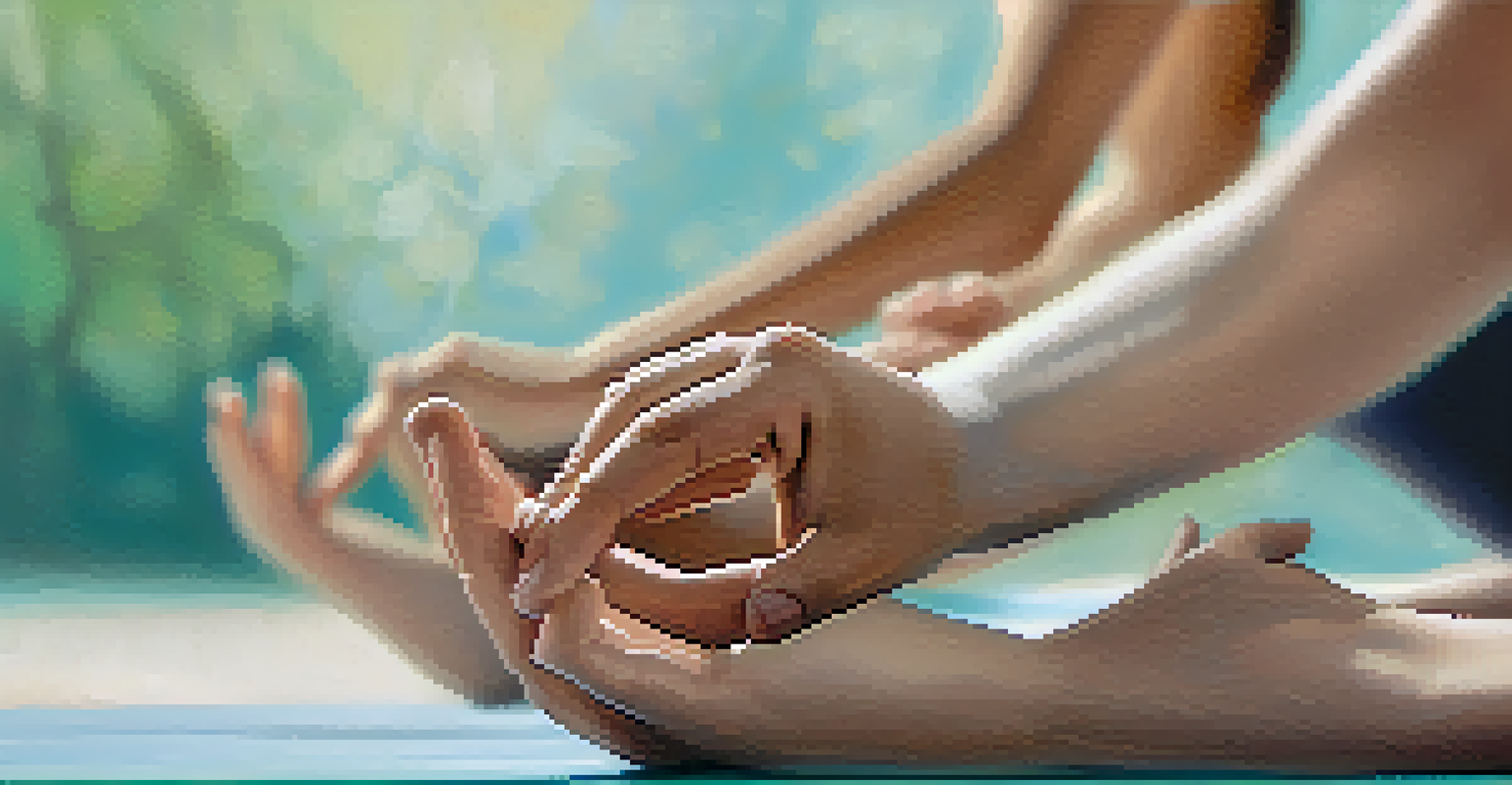 A close-up of hands demonstrating diaphragmatic breathing during a yoga practice, with a calming blurred background.