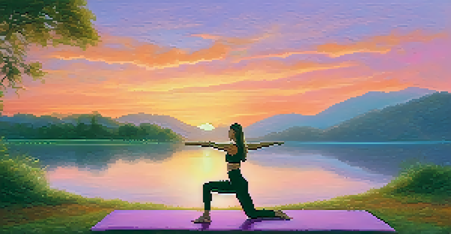 A practitioner in Warrior II pose at sunset by a serene lake, with vibrant sky colors reflected in the water.