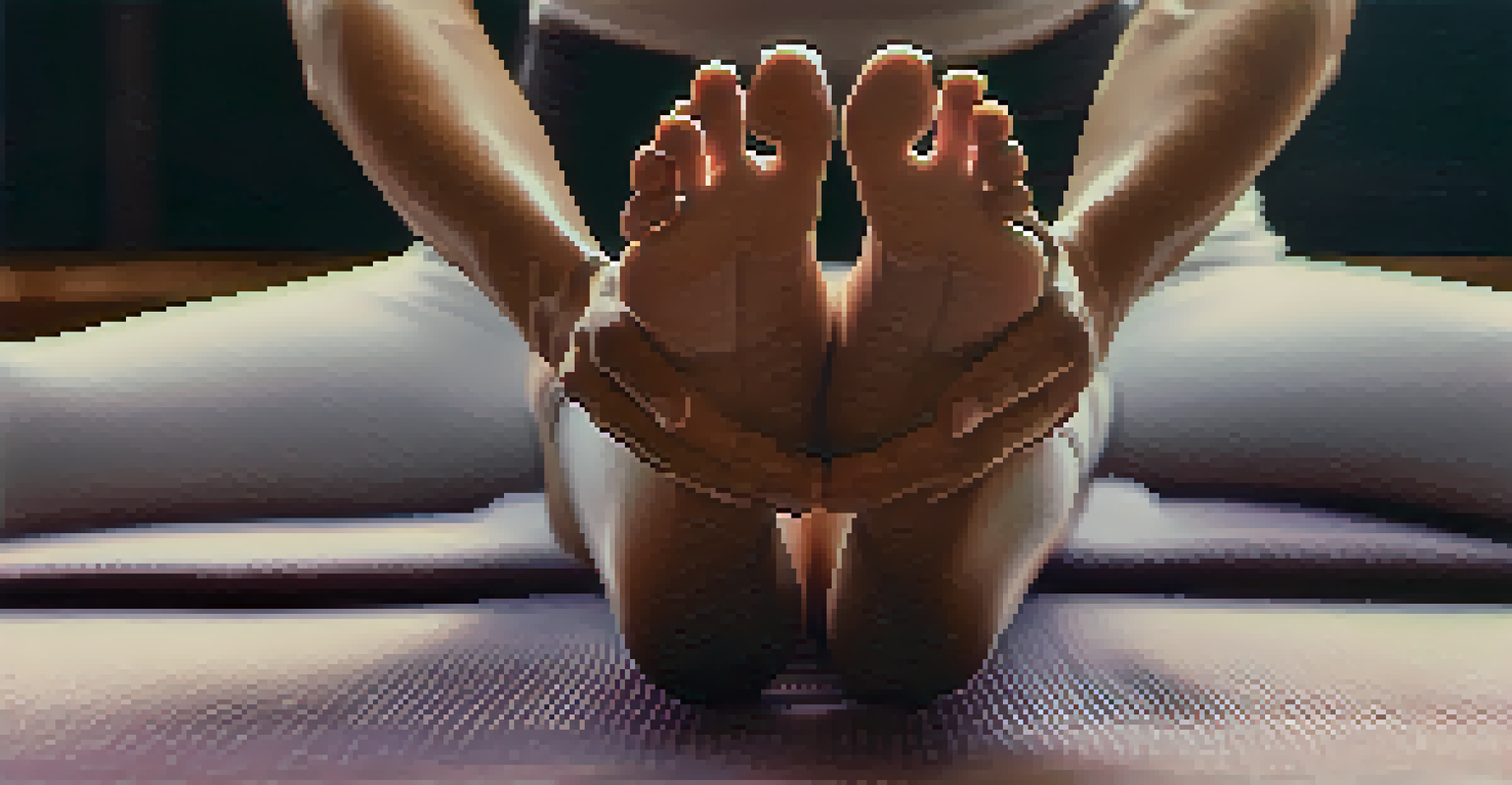 Close-up of hands in a yoga pose on a yoga mat, emphasizing texture and calmness.