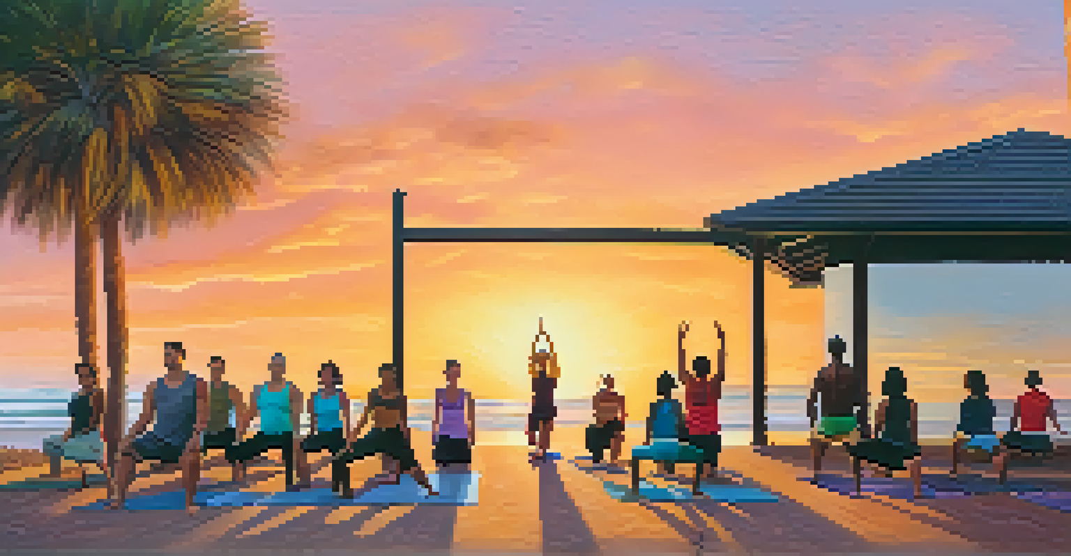 A group of people practicing yoga using chairs outdoors at sunrise, with a beautiful sky in the background.