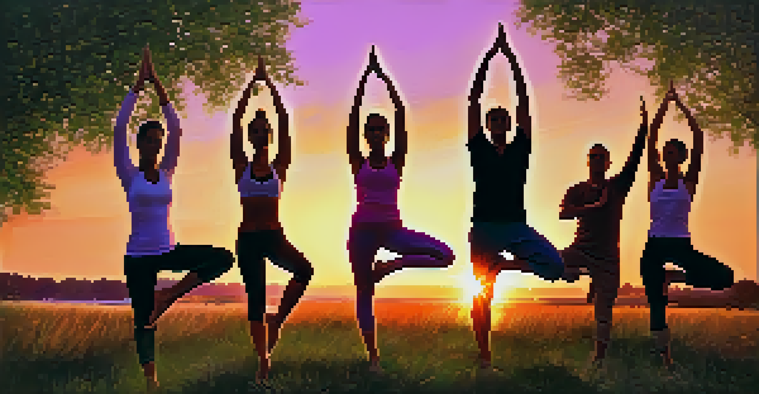 A group of people practicing Tree Pose outdoors at sunset, with one person in a challenging knee-to-chest position.