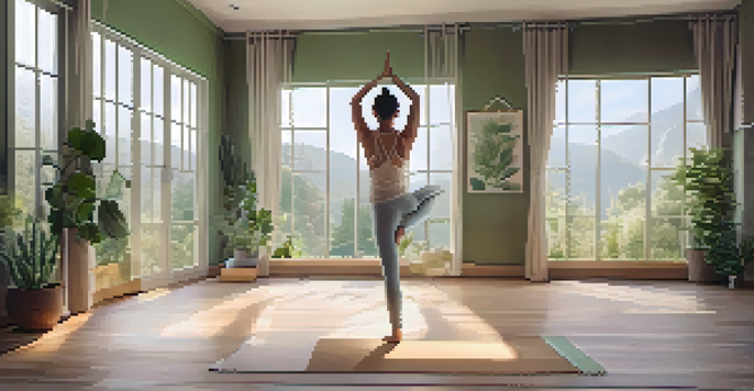 A person practicing Mountain Pose in a bright yoga studio with wooden floors and plants.