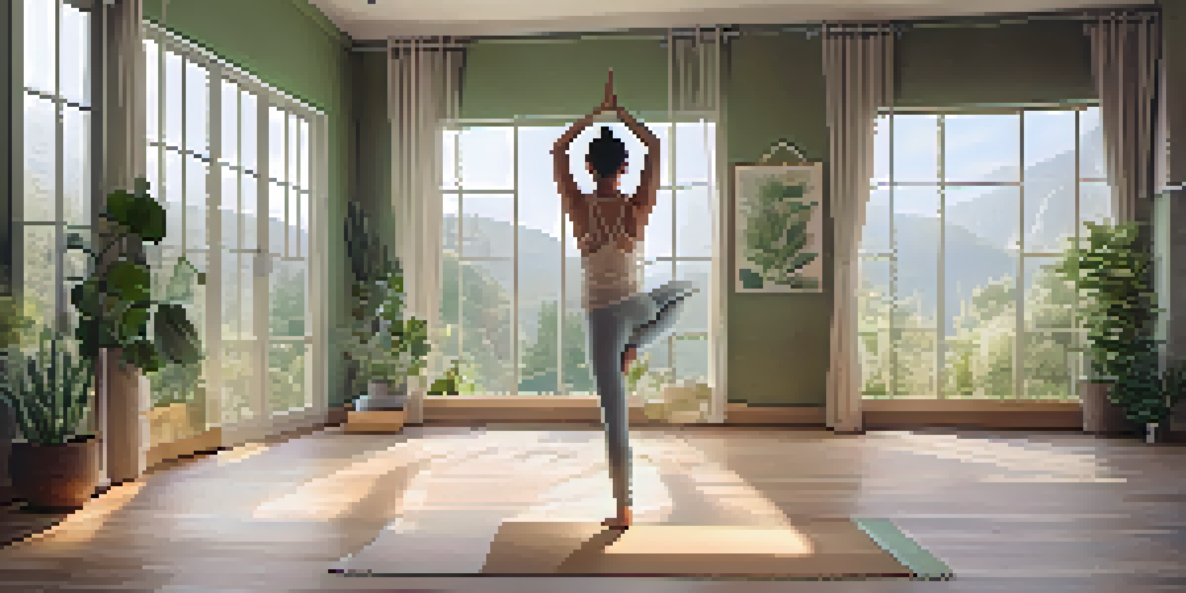 A person practicing Mountain Pose in a bright yoga studio with wooden floors and plants.