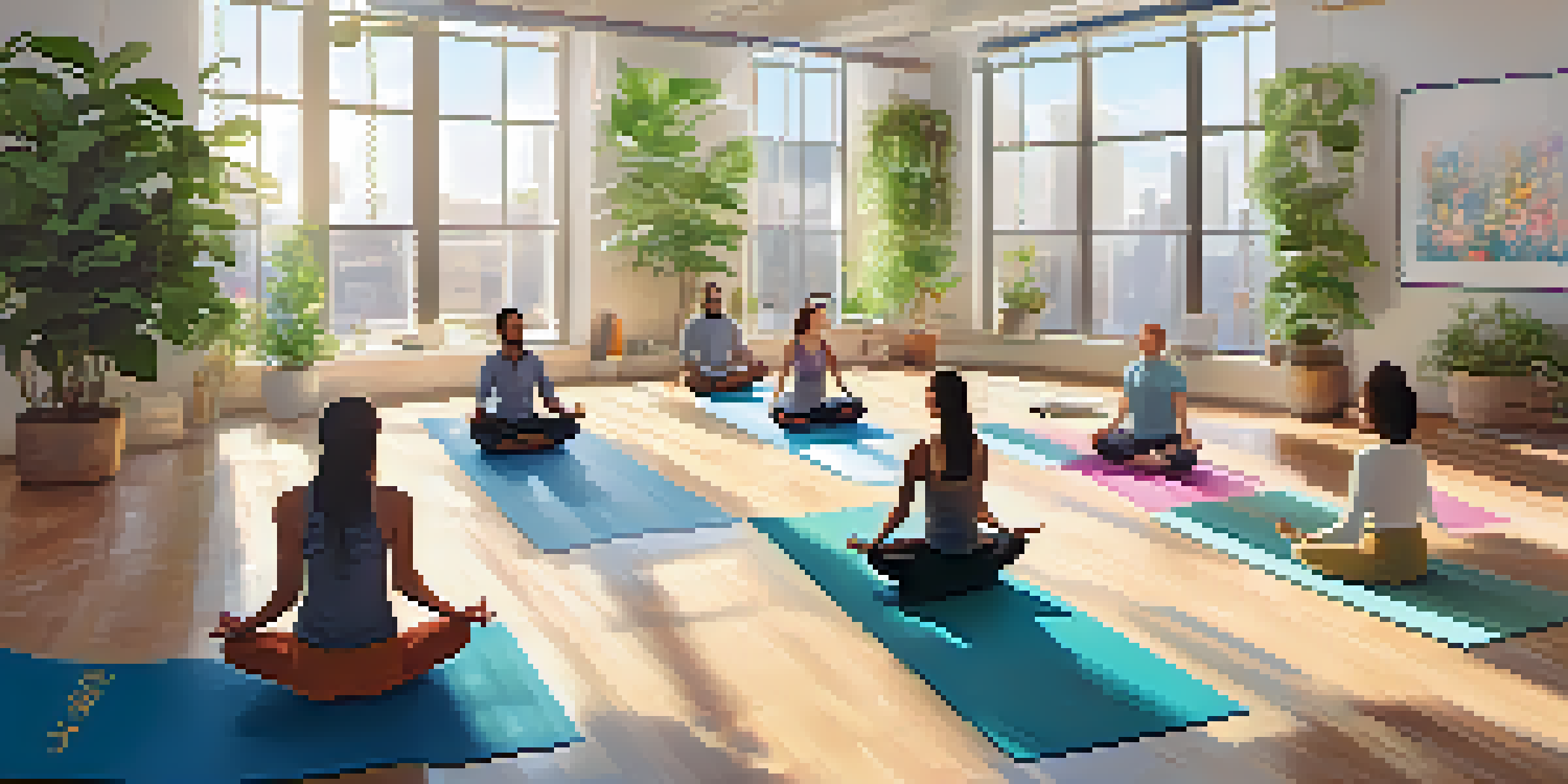 A group of diverse employees practicing yoga in a bright office space, surrounded by plants and colorful mats.