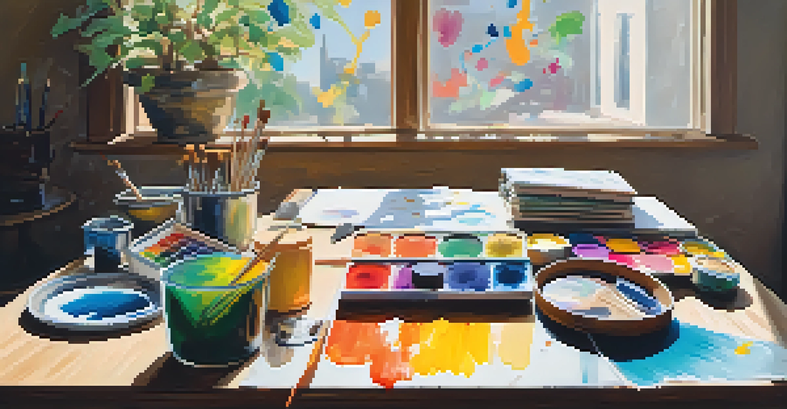 An artist's workspace with a person painting on a canvas, surrounded by colorful art supplies and a yoga mat in the corner.