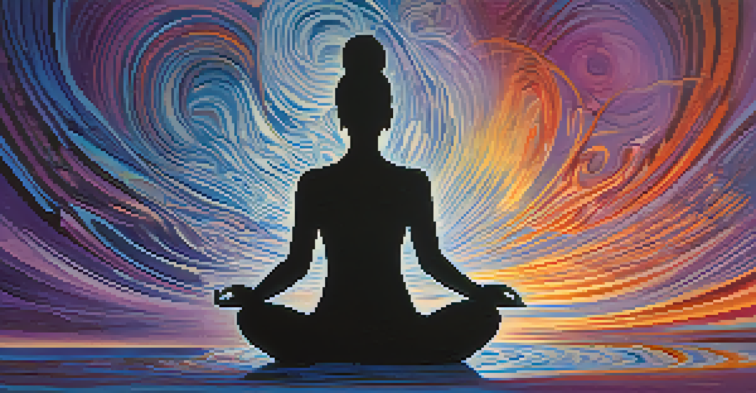 An abstract silhouette of a person meditating, with colorful patterns flowing from their mind, representing creativity.
