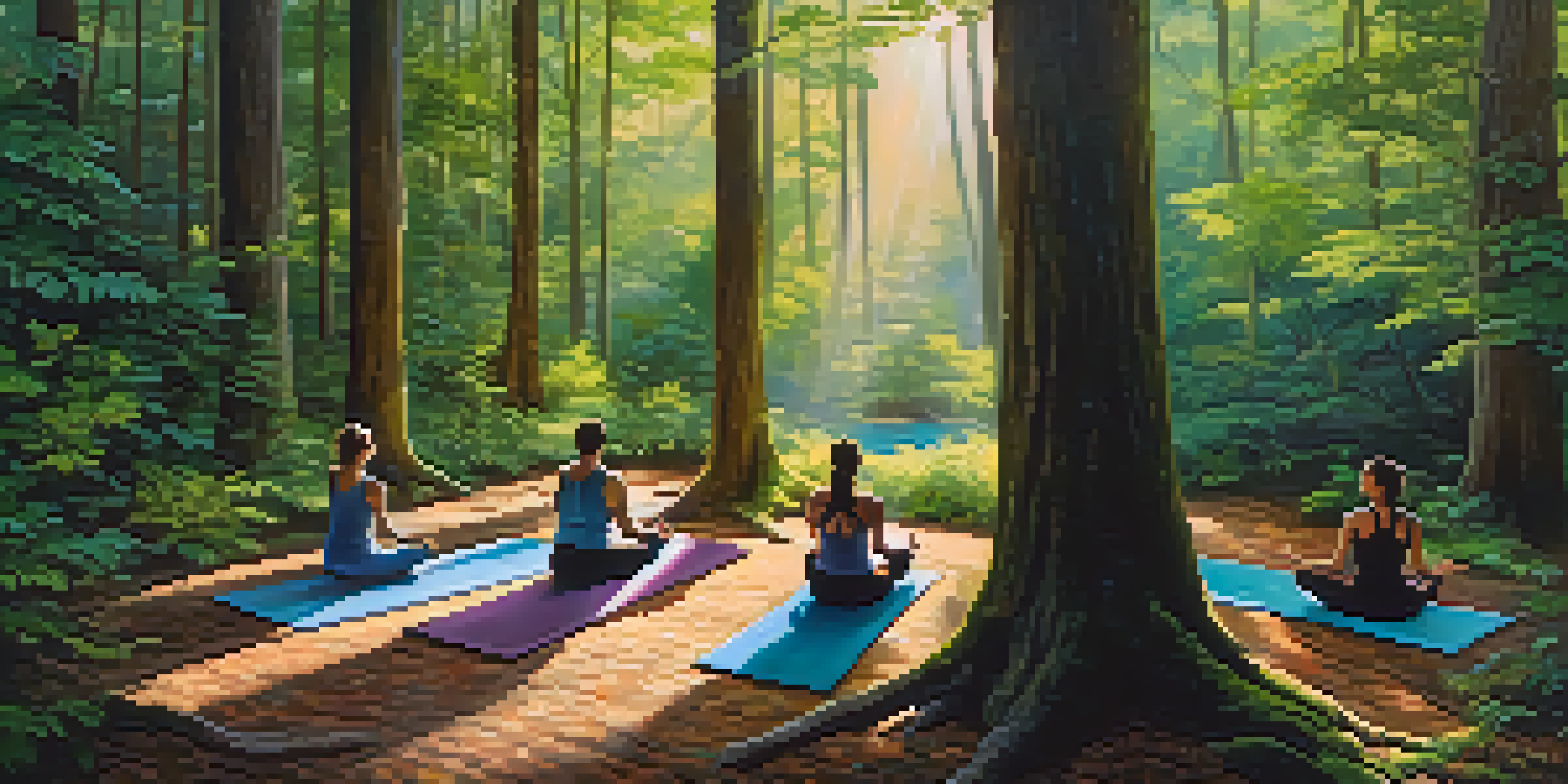 Artists practicing yoga in a peaceful forest, surrounded by tall trees and warm sunlight.
