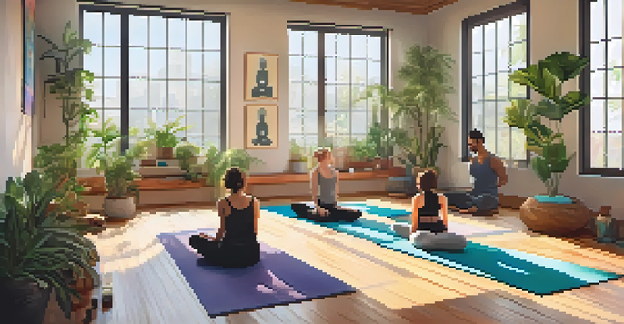 A brightly lit yoga studio with people practicing yoga poses on colorful mats, surrounded by indoor plants and calming artwork.