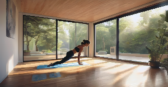 A person practicing yoga in Downward Dog pose in a peaceful studio with warm light and a view of a garden.