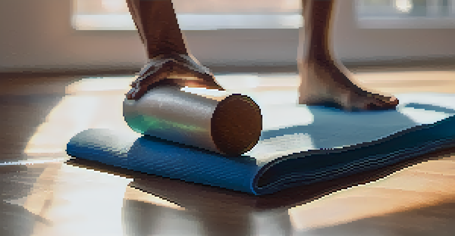 A close-up of a hand on a yoga mat with a block, illuminated by soft sunlight.